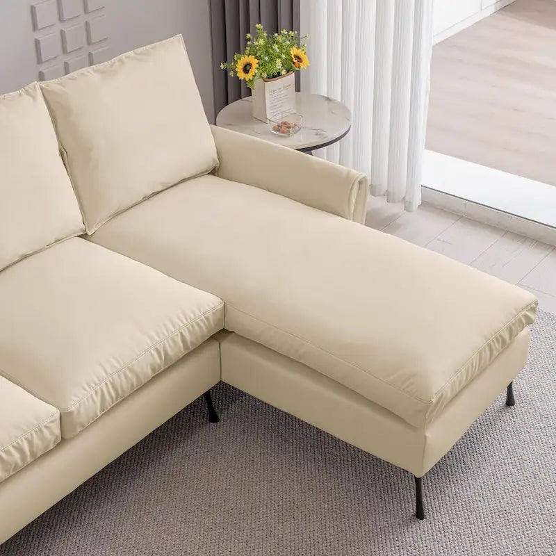 Beige Technical Leather L-Shaped Sofa with Reversible Chaise Lounge