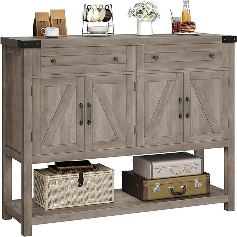 Farmhouse Buffet Sideboard Cabinet with Drawers Barn Doors Open Shelf