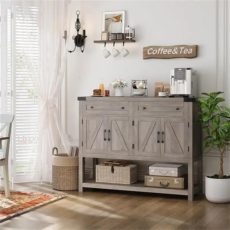 Farmhouse Buffet Sideboard Cabinet with Drawers Barn Doors Open Shelf