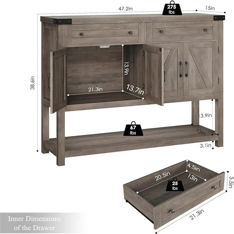 Farmhouse Buffet Sideboard Cabinet with Drawers Barn Doors Open Shelf