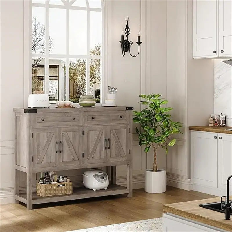 Farmhouse Buffet Sideboard Cabinet with Drawers Barn Doors Open Shelf