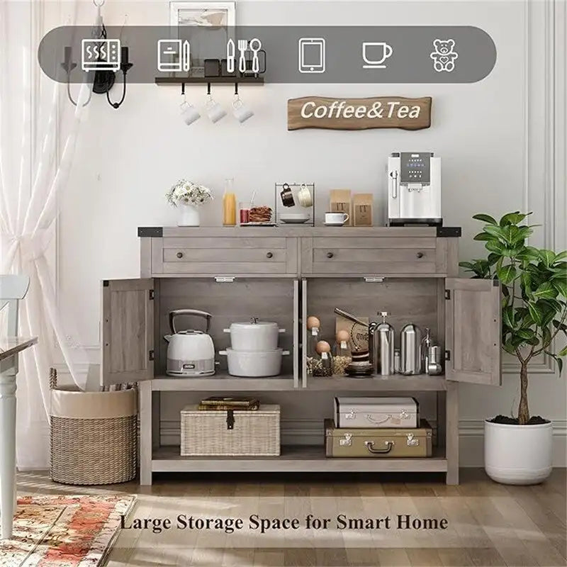 Farmhouse Buffet Sideboard Cabinet with Drawers Barn Doors Open Shelf