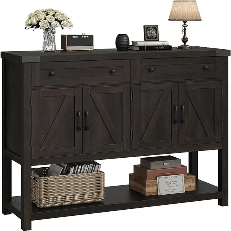 Farmhouse Buffet Sideboard Cabinet with Drawers Barn Doors Open Shelf