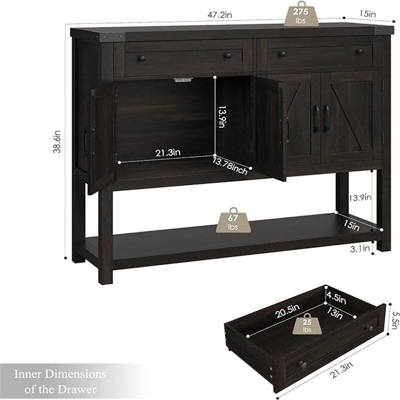 Farmhouse Buffet Sideboard Cabinet with Drawers Barn Doors Open Shelf