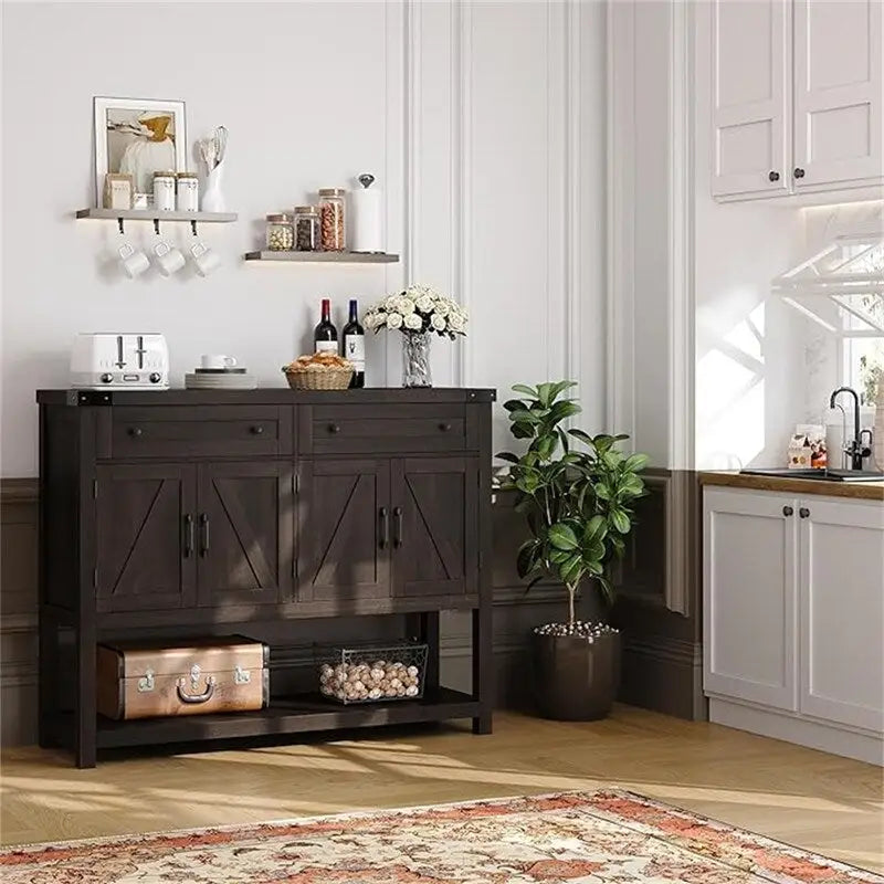 Farmhouse Buffet Sideboard Cabinet with Drawers Barn Doors Open Shelf