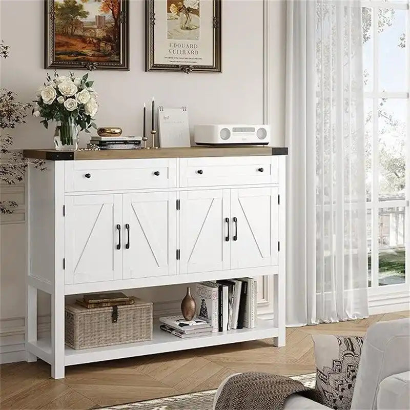 Farmhouse Buffet Sideboard Cabinet with Drawers Barn Doors Open Shelf
