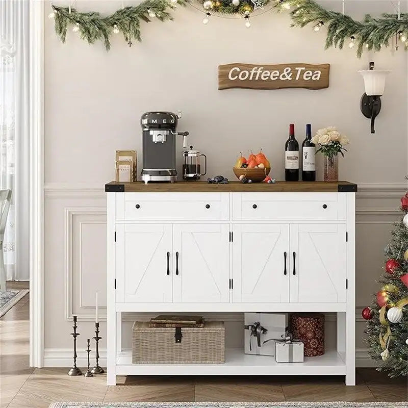 Farmhouse Buffet Sideboard Cabinet with Drawers Barn Doors Open Shelf