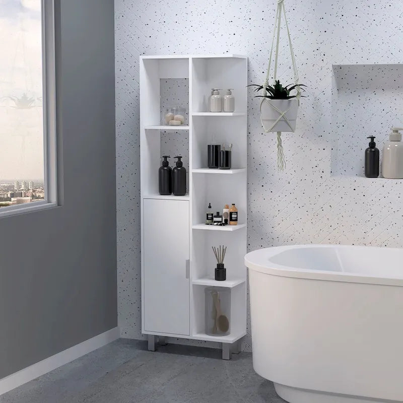 White Freestanding Bathroom Storage Cabinet with Door and Open Shelves