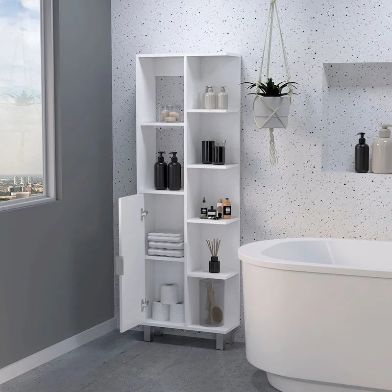 White Freestanding Bathroom Storage Cabinet with Door and Open Shelves