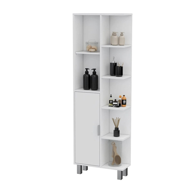 White Freestanding Bathroom Storage Cabinet with Door and Open Shelves