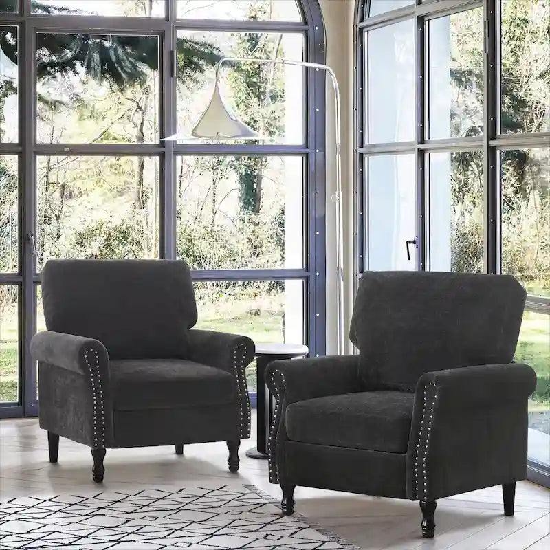 Upholstered Accent Armchair with Nailhead Trim Chenille Fabric Rolled Arms Solid Wood Legs