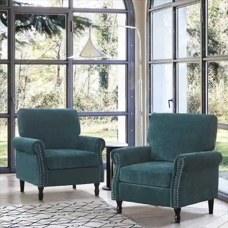 Upholstered Accent Armchair with Nailhead Trim Chenille Fabric Rolled Arms Solid Wood Legs