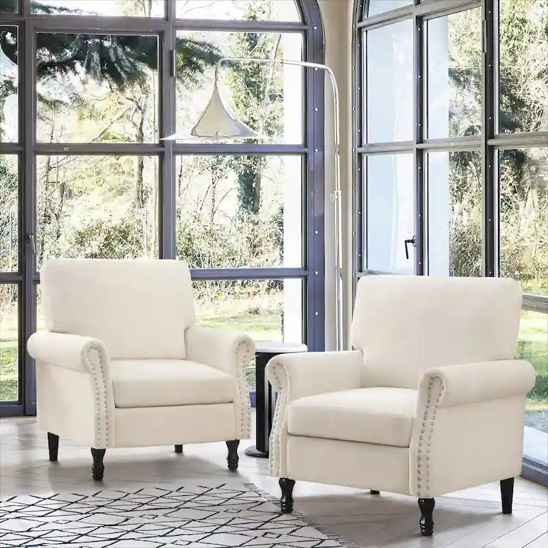 Upholstered Accent Armchair with Nailhead Trim Chenille Fabric Rolled Arms Solid Wood Legs