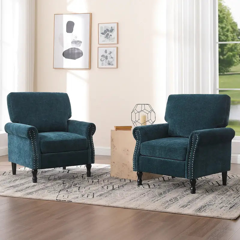 Upholstered Accent Armchair with Nailhead Trim Chenille Fabric Rolled Arms Solid Wood Legs