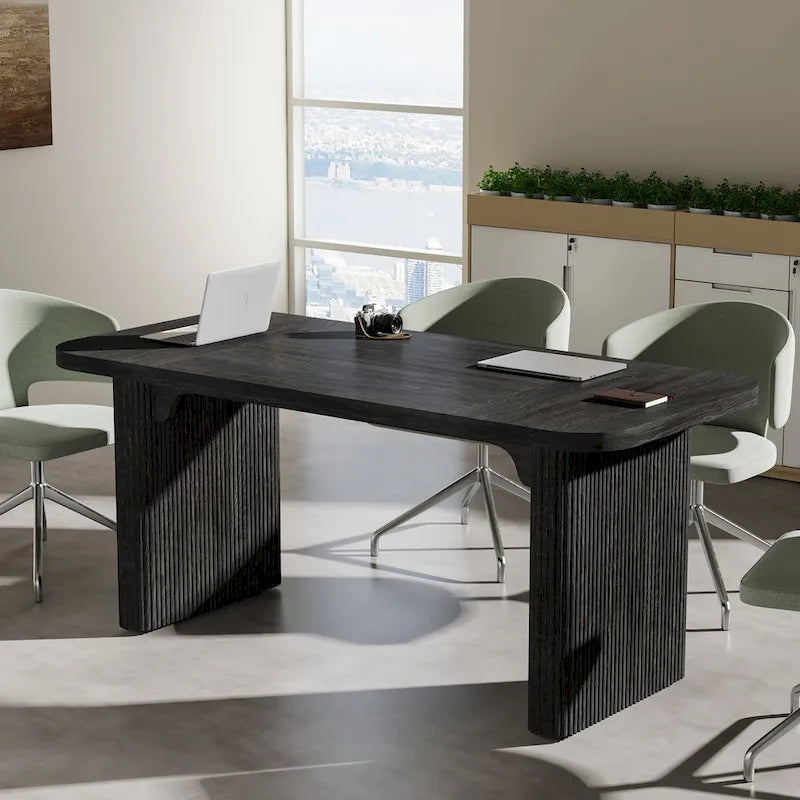 Rectangular Engineered Wood Conference Table with Pedestal Legs Natural Brown