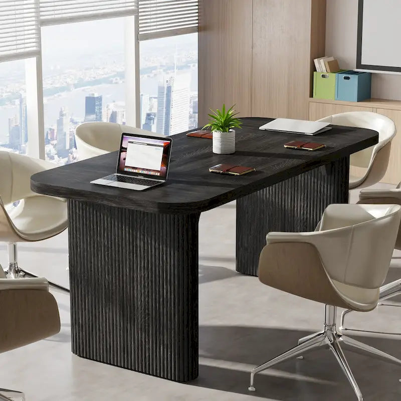 Rectangular Engineered Wood Conference Table with Pedestal Legs Natural Brown
