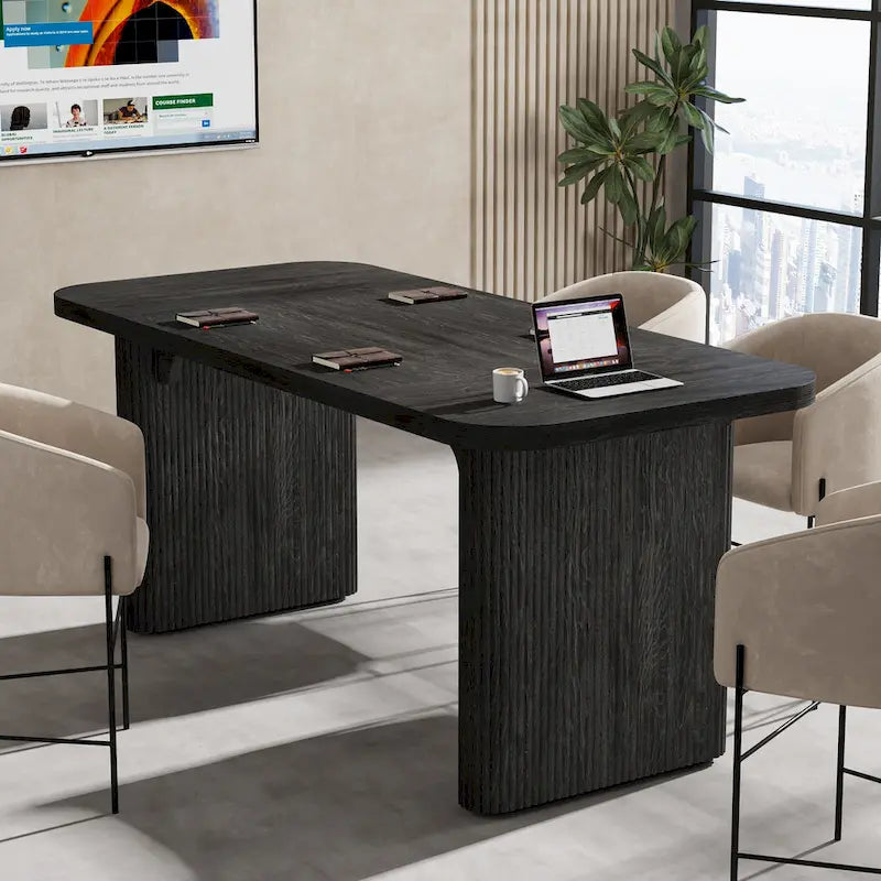 Rectangular Engineered Wood Conference Table with Pedestal Legs Natural Brown