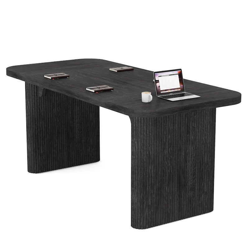 Rectangular Engineered Wood Conference Table with Pedestal Legs Natural Brown