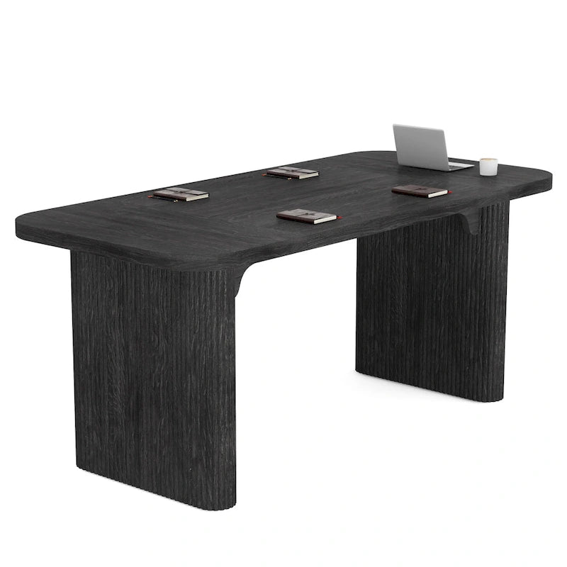 Rectangular Engineered Wood Conference Table with Pedestal Legs Natural Brown