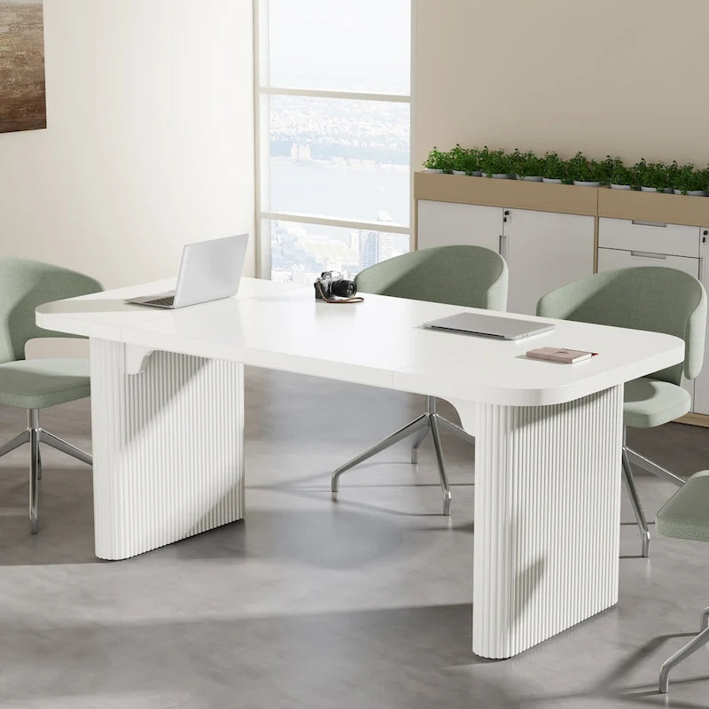 Rectangular Engineered Wood Conference Table with Pedestal Legs Natural Brown