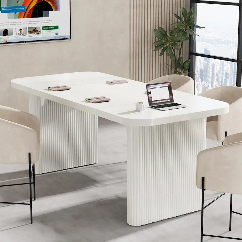 Rectangular Engineered Wood Conference Table with Pedestal Legs Natural Brown