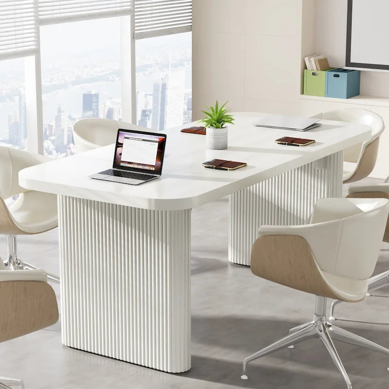 Rectangular Engineered Wood Conference Table with Pedestal Legs Natural Brown