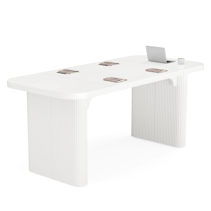 Rectangular Engineered Wood Conference Table with Pedestal Legs Natural Brown