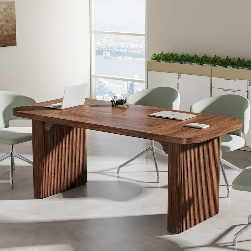 Rectangular Engineered Wood Conference Table with Pedestal Legs Natural Brown