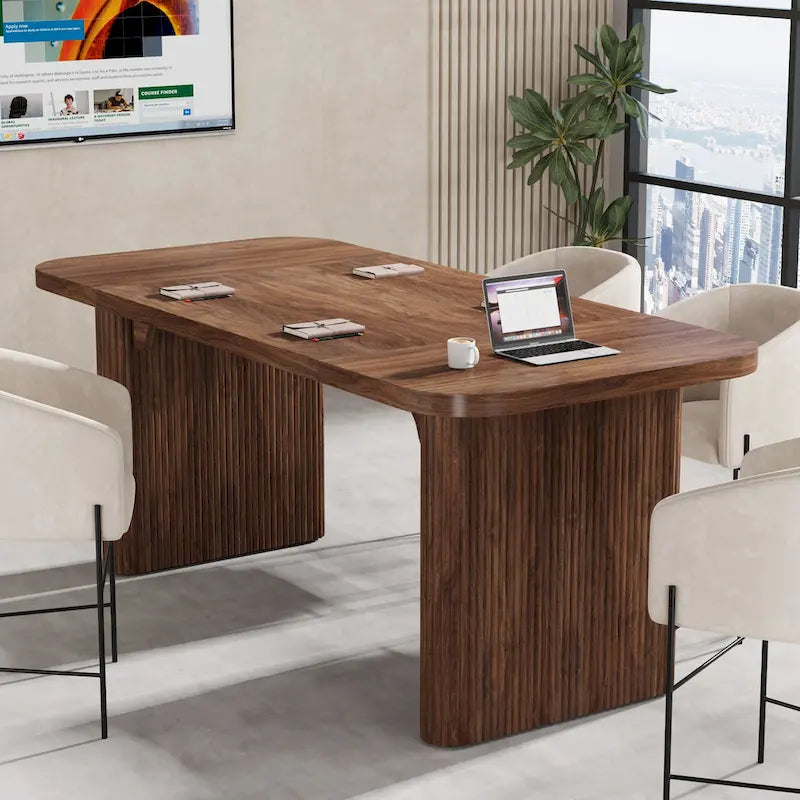 Rectangular Engineered Wood Conference Table with Pedestal Legs Natural Brown