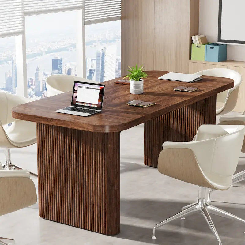 Rectangular Engineered Wood Conference Table with Pedestal Legs Natural Brown