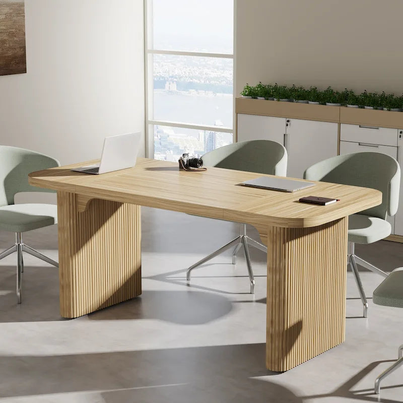 Rectangular Engineered Wood Conference Table with Pedestal Legs Natural Brown