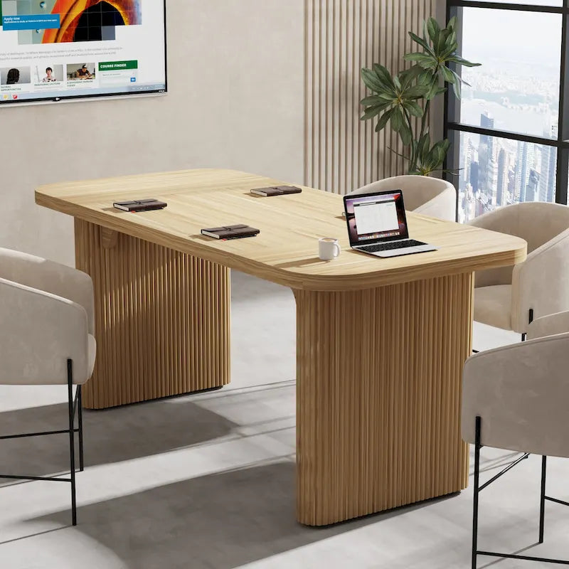 Rectangular Engineered Wood Conference Table with Pedestal Legs Natural Brown