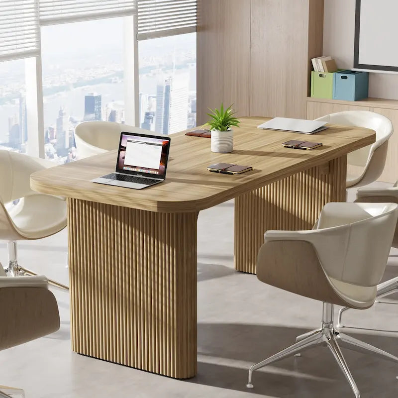 Rectangular Engineered Wood Conference Table with Pedestal Legs Natural Brown