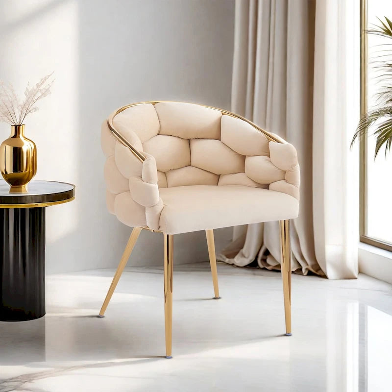 Velvet Accent Armchair with Gold Metal Legs, Blue Beige Pink